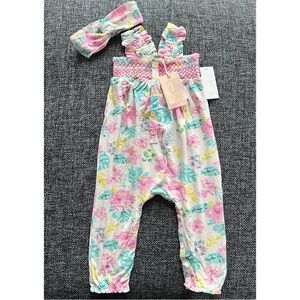 NWT Jessica Simpson Tropical Coverall and Headband Set Size 24 Months
